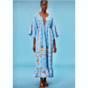 NEW FARM Rio Embroidered Pineapple Maxi Dress Beaded Tassel Linen Blue Size M